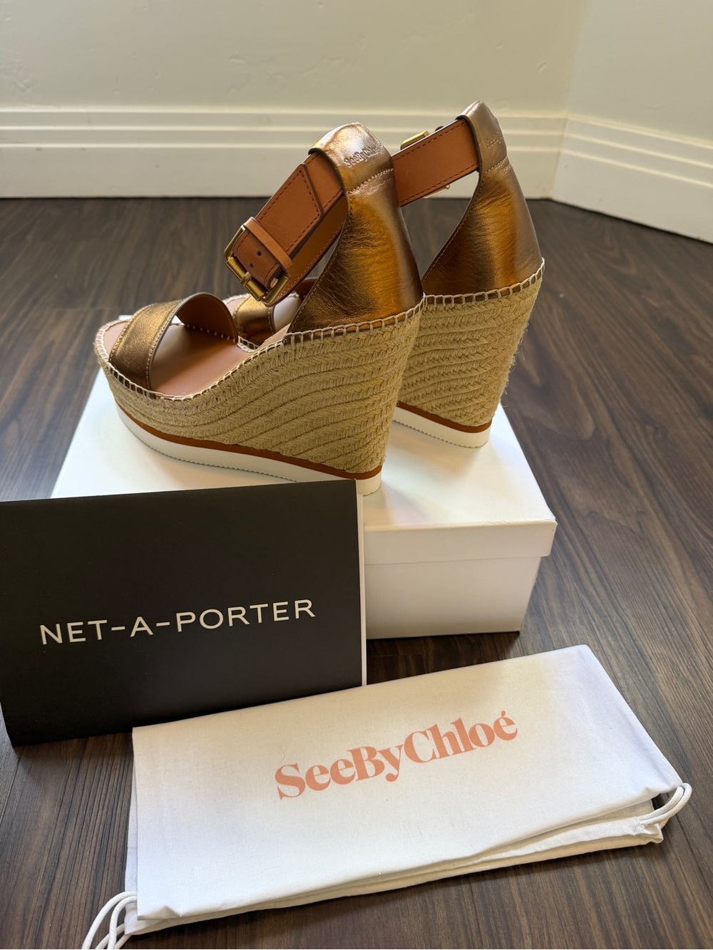 See By Chloe Metallic Bronze Espadrille Wedge Sandals
